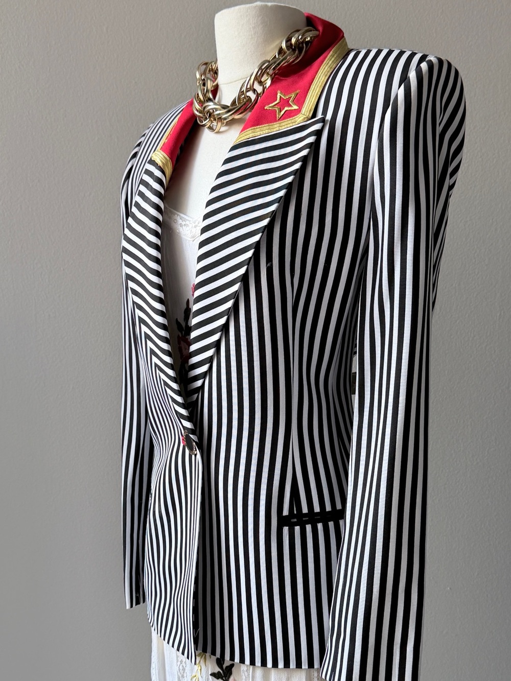 Black & White Striped Blazer with Red Collar Accents